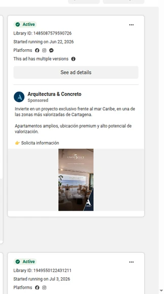 Captura de Meta Ad Library con anuncio de Arquitectura y Concreto en Cartagena
