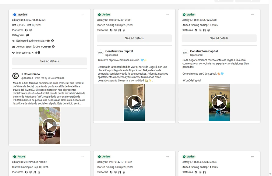 Captura de Meta Ad Library con anuncios de Constructora Capital
