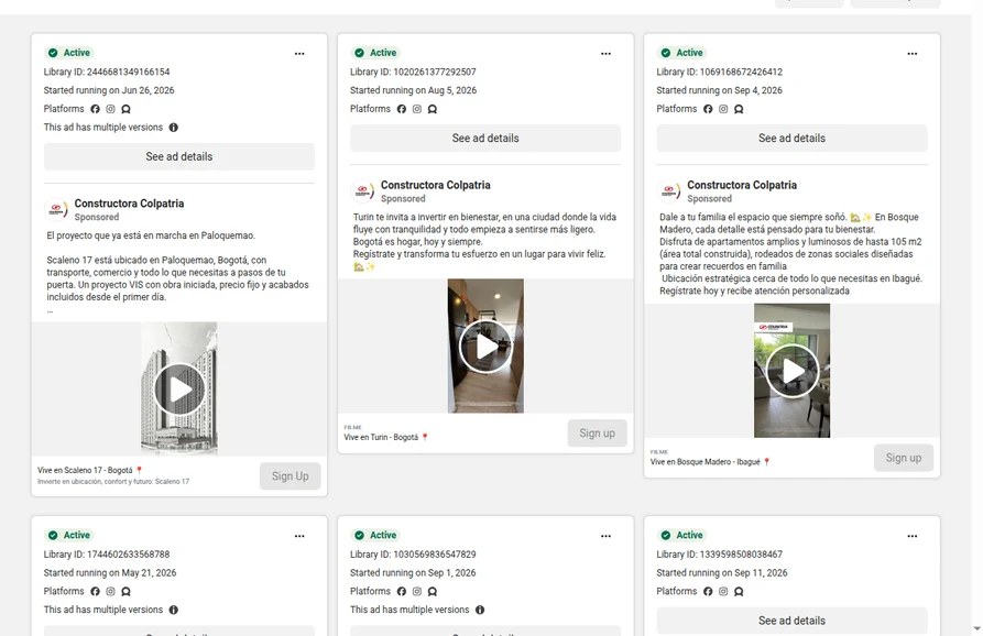 Captura de Meta Ad Library con anuncios de Constructora Colpatria