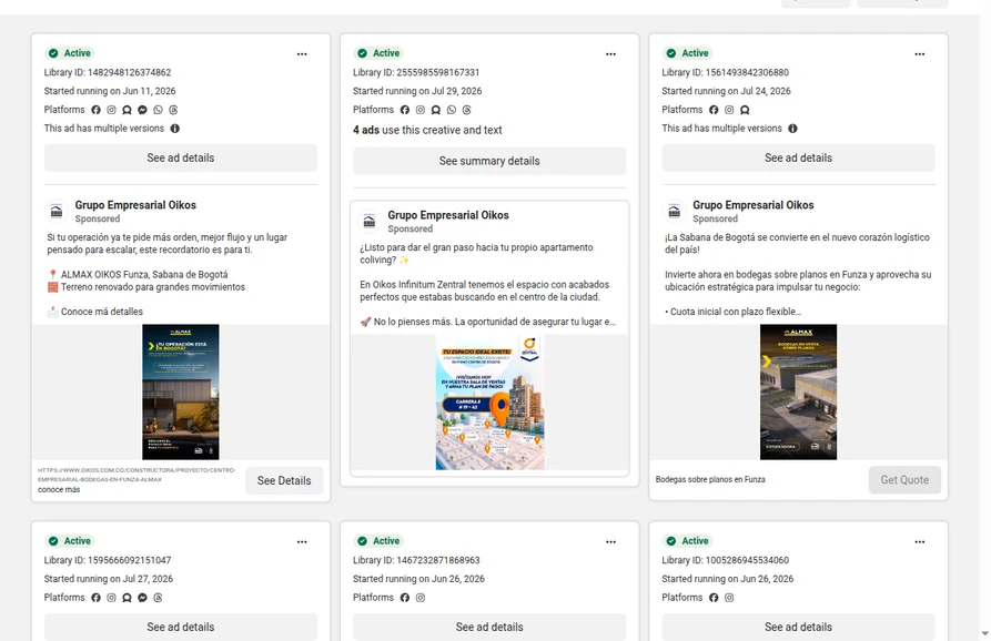 Captura de Meta Ad Library con anuncios de Grupo Empresarial Oikos