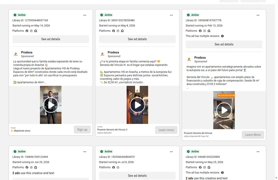 Captura de Meta Ad Library con anuncios de Prodesa