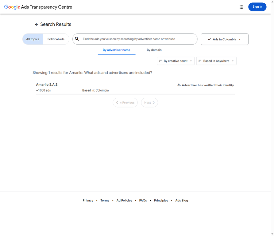 Google Ads Transparency Center: Amarilo SAS verificado en Colombia
