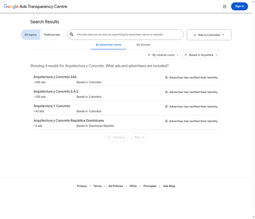 Google Ads Transparency Center: Arquitectura y Concreto verificada en Colombia