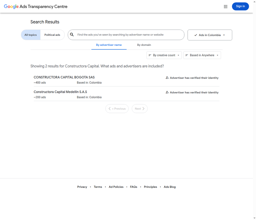 Google Ads Transparency Center: Constructora Capital verificada en Colombia