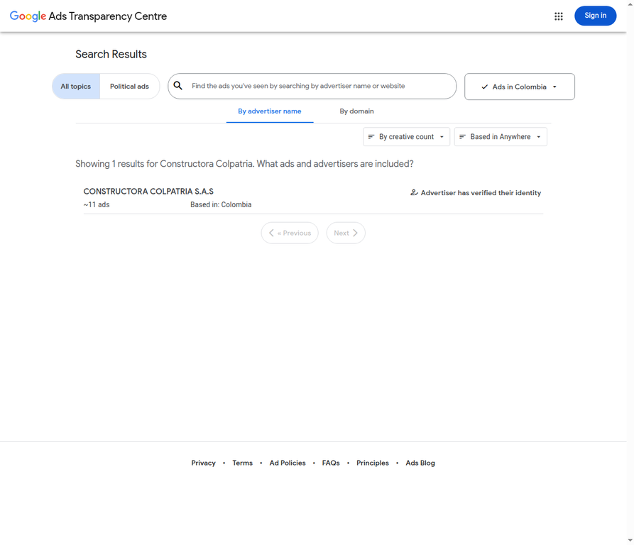 Google Ads Transparency Center: Constructora Colpatria verificada en Colombia