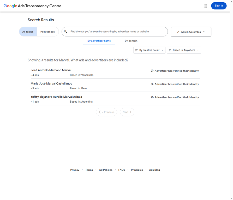 Google Ads Transparency Center: búsqueda Marval sin anunciante oficial en Colombia