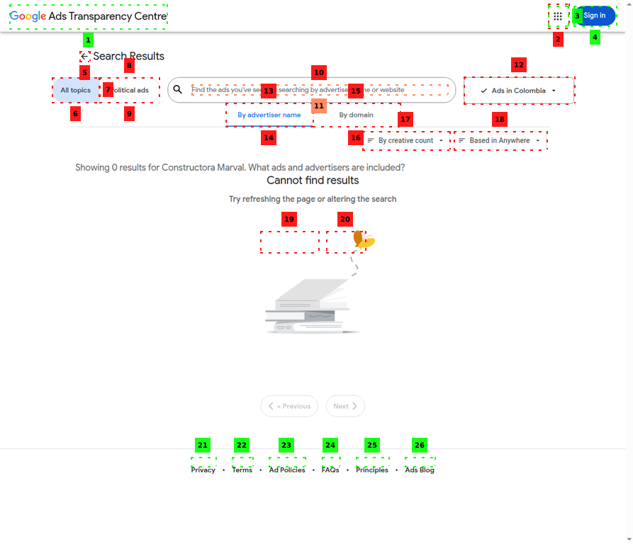 Captura del Centro de Transparencia de Google Ads mostrando 0 resultados para Constructora Marval en Colombia