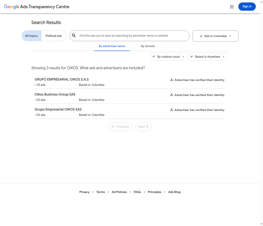 Google Ads Transparency Center: Grupo Empresarial Oikos verificado en Colombia